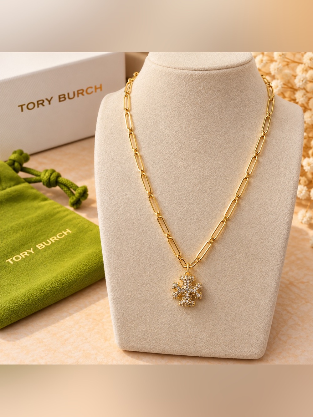 Tory Burch Gold Link Necklace with Crystal Cluster Charm